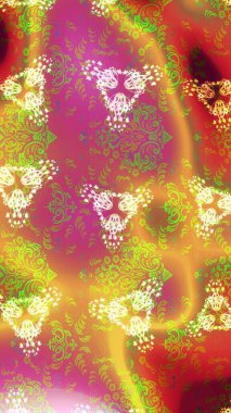 Renkli desenli eskiz deseni, pembe, turuncu ve sarı çiçekler ve dekoratif elementler. Raster illüstrasyonu. Eskiz geçmişi. Kumaş, tekstil, duvar kağıdı baskısı için. Antika retro tarzı.