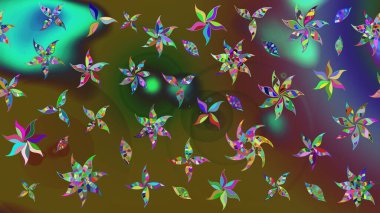 Yeşil ve kahverengi, yeşil ve kahverengi. Çiçekli ipek eşarp. Retro tekstil tasarım koleksiyonu. El çizimi çiçek unsurları olan soyut çizim raster deseni. 1950 'ler-1960' lar motifleri.