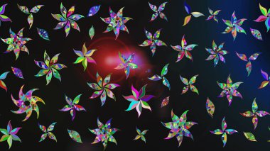 Yapraklı çiçekler ve rengarenk papatya çiçekleri. Raster - stok. Taslak arkaplan deseni.