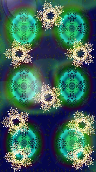 Noel ve yeni yıl moda baskıları için tatil tasarımı. Kar tanelerinin soyut arkaplanlı Noel şablonu. Yeşil, mavi ve gri renkler. Raster illüstrasyonu.