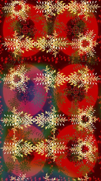 Sanat terapisi tarzı zen çizim için kırmızı, kahverengi ve yeşil mandala şeklinde kar taneleri. El çizimi, dövme stili, kumaş tasarımı ve Raster illüstrasyonunda kartlar..