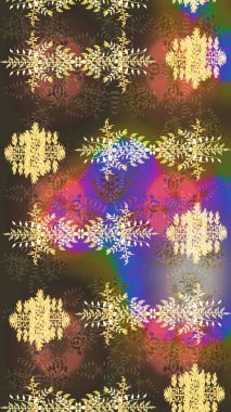 Noel için tatil tasarımı, yeni yıl moda baskıları. Kahverengi, mor ve bej kar taneleri. Güzel tasarım. Kar tanelerinin soyut arkaplanlı Noel arkaplanı. Raster illüstrasyonu.