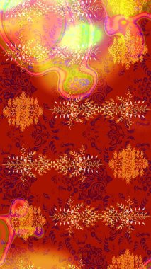 Renkli Bahar Teması eskiz kalıbı. Raster illüstrasyonu. Çiçek desenli çizim. Güzel kumaş deseni. Düz Çiçek Elementleri Tasarımı. Asya tekstil tarzında.