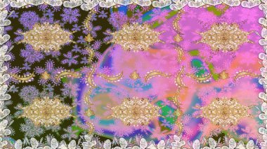 Tarafsız renklerde, altın elementlerle kusursuz desen. Hassas altın deseni açın. Doğu tarzı arabesk. Kusursuz altın desenli bukleler. Parlak dantel, stilize çiçekler, şal desenli. Raster..