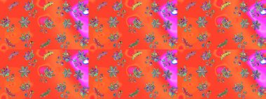 Kar tanelerinin soyut arkaplanlı Noel şablonu. Turuncu, pembe ve kırmızı renkler. Raster illüstrasyonu. Noel ve Yeni Yıl moda baskıları için tatil tasarımı.