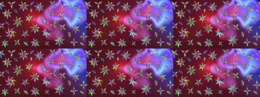 Gentle, spring floral on purple and violet colors. Raster floral pattern in doodle style with flowers and leaves. Raster illustration.