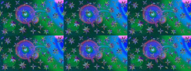 Raster illüstrasyonu. Mavi ve yeşil renkli çiçekler. Çiçek süslemeli çizim deseni.