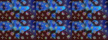 Asya tekstil tarzında. Çiçek desenli çizim. Raster illüstrasyonu. Mavi ve kahverengi renkte çiçekler. Raster illüstrasyonu.