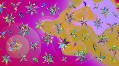 Retro tekstil tasarım koleksiyonu. El çizimi çiçek unsurları olan soyut çizim raster deseni. 1950-1960 motifleri. Çiçekli ipek eşarp. Magenta ve sarı mor ve sarı..