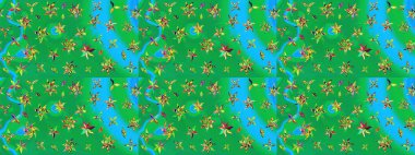 Vadinin yeşil ve mavi renkli çiçekleri. Soyut etnik raster çizim kalıbı. Çiçekler..