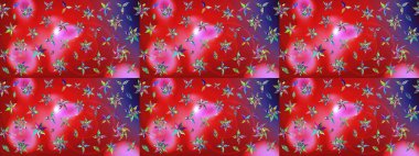 Renkli desenli eskiz deseni, kırmızı ve pembe çiçekler ve dekoratif elementler. Eskiz geçmişi. Raster illüstrasyonu. Kumaş, tekstil, duvar kağıdı baskısı için. Antika retro tarzı.