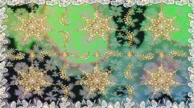 Klasik klasik klasik arka plan. Yeşil ve gri renklerde altın elementlerle kusursuz desen. Klasik raster sarısı, kusursuz desen. Geleneksel oryantasyon süsü.