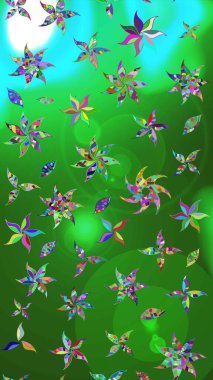 Raster illüstrasyonundaki çiçek desenli çizim. Yeşil ve mavi renkte çiçekler.