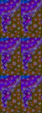 Kumaş desenli papatya çiçeği detayı. Kahverengi ve mor renkte çiçekler.