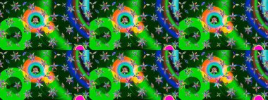 Suluboya elle çizilmiş çiçek desenli eskiz deseni. Parlak renkli fantezi çiçekleri, yapraklar, mavi ve yeşil renkli tomurcuklar.