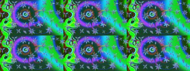 Yumuşak, bahar çiçekleri mavi ve yeşil renklerde. Raster illüstrasyonu. Yaprak ve çiçeklerin suluboya resmi, mavi ve yeşil renkler üzerine çizim şekli.