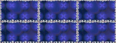 Patlayan çiçekler soyut olarak yerleştirilmiş. Raster illüstrasyonu. Yumuşak, mavi renkte bahar çiçekleri. Raster deseni.