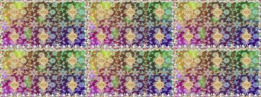 Altın elementlerle nötr renklerde altın desen. Kusursuz desenli oryantal süs. İslam tasarımı. Raster altın tekstil baskısı. Çiçek karoları.