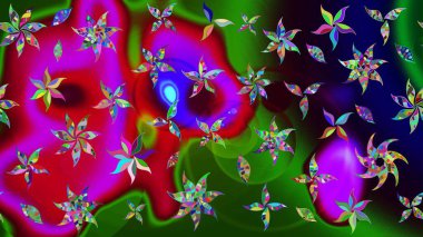 El çizimi çiçekli soyut çizim kalıbı. Raster illüstrasyonu. Yeşil ve kırmızı renkte çiçekler.