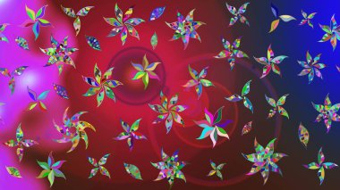 Raster illustration. Raster floral pattern in doodle style with flowers and leaves. Gentle, spring floral on red and blue colors.