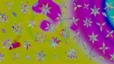 Hediye ambalaj kağıdı, tebrik kartları, posterler ve pankart tasarımı. Yeşil ve mor renkli çiçekler. Raster düz çiçek çizim deseni.