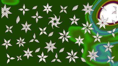 Yeşil ve nötr yeşil ve nötr. El çizimi çiçek unsurları olan soyut çizim raster deseni. Çiçekli ipek eşarp. 1950-1960 motifleri. Retro tekstil tasarım koleksiyonu.