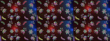 Repeated texture for surface, wrapping paper, on brown, blue and gray colors. Isolated nice snowflakes on colorful background. Winter snowflake, raster background. Raster illustration.