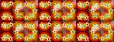 Raster illustration. Winter pattern made of snowflake on orange, red and brown colors. Flat lay. Winter concept.