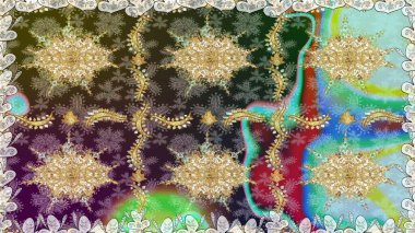 Süslü dekorasyon. Lüks, kraliyet ve Viktorya dönemi konsepti. Tarafsız renklerdeki altın desenler ve altın elementler. Raster klasik barok çiçeksiz altın desenli..