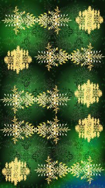 Colors. Christmas cute background with snowflakes abstract background. Green, gray and yellow snowflakes. Holiday design for Christmas and New Year fashion prints. Raster illustration.