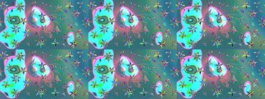 Raster - stok. Eskiz arkaplan modeli. Yapraklı çiçekler ve mavi ve yeşil renkli papatya çiçekleri..