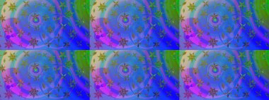 Mavi ve mor kıvırcık çiçekler mavi ve mor renklerde şekillenir. Raster illüstrasyonu. Klasik çiçek tasarım elementleri.