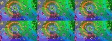 Çiçek buketleriyle klasik bir eskiz şekli. Yeşil ve mavi renklerde. Raster illüstrasyonu.