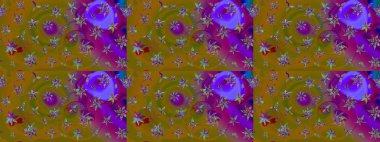 Tekstil için suluboya eskiz deseni. Şirin çiçekli, desenli, kahverengi ve mor renkli bir eskiz deseni. El çizimi çiçek çizimi deseni (fayans)).