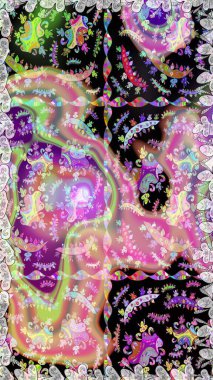 Kusursuz bir geçmişi var. Renkli desenli kusursuz desenli, nötr ve siyah çiçekli ve dekoratif elementli. Raster illüstrasyonu. Eski usul. Kumaş, tekstil ve duvar kağıdı baskısı için..