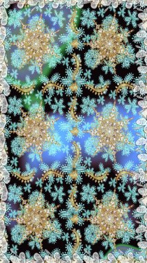 Doğum günü kartı, davetiye ya da afiş için iyidir. Dekoratif simetri arabesk. Tarafsız ve mavi renklerde altın. Kusursuz ortaçağ çiçek deseni. Raster illüstrasyonu.