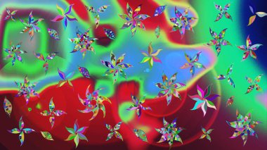 Kibar, bahar çiçekleri yeşil ve kırmızı renklerde. Raster çiçekleri klasik tarzda çizilmiş. Raster illüstrasyonu. Çiçekli yumuşak çizim deseni.