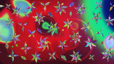 Çiçeksel fantezi tasarımı ve parlak bir arka plan çizimi. Düz Çiçek Elementleri Tasarımı. Renkli Bahar Teması çizim şablonu.