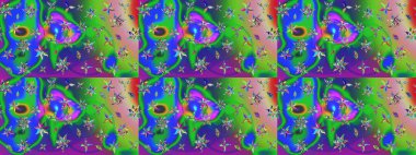 Yapraklı çiçekler ve yeşil ve mavi renkli papatya çiçekleri. Eskiz arkaplan modeli. Raster - stok.