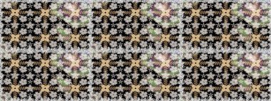 Parmak izi, kumaş, duvar kâğıdı, tekstil için raster dokusu. İşlemeli çiçekli, dikişsiz desen. Renkli grunge, koyu siyah ve gri çiçeklerle soyut arkaplanı zenginleştir.