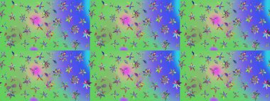 Yumuşak, yaz çiçekli arka plan. Yeşil ve mavi renkte çiçekler. Raster çiçek desenli ve çiçekli..