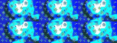 Raster illüstrasyonu. Mavi ve yeşil renkli mavi ve yeşil papatya deseni. Mavi ve yeşil renklerde.