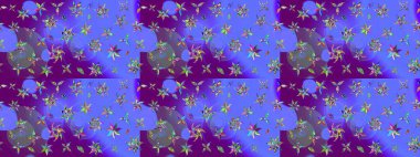 Renkli süs kenarı. Mor ve mavi renklerde. Hint süsü. Çiçek duvar kağıdı. Raster illüstrasyonu. Çizim deseni.
