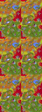 Güzel, parlak, pürüzsüz kumaş, tuval. Eski moda arka plan. Kıvırcık, parlak örgü. Desen, çizim, çiçek sınırı. Çiçek çelengi. Raster illüstrasyonu.