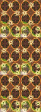 Çok turuncu, sarı ve kahverengi zarif küçük çiçekler ve turuncu, sarı ve kahverengi renkli komik böcekler, raster desen, illüstrasyon.