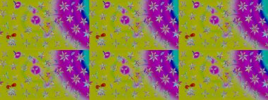 Yeşil ve mor renkli bitkilerden oluşan parlak çiçekli çizim deseni.