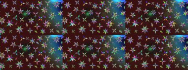 Raster illüstrasyonu. Kahverengi ve mavi kıvırcık çiçekler kahverengi ve mavi renklerde şekillenir. Klasik çiçek tasarım elementleri.