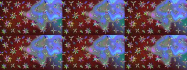 Nakış desenli çiçek deseni. Renkli grunge, soyut arkaplanı, koyu kahverengi ve mavi çiçeklerle süslüyor. İzler, kumaş, duvar kağıtları, tekstil için raster dokusu.