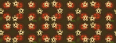 El çizimi çiçekli, pürüzsüz bir desen. Kahverengi arka planda. Tekstil, kumaş, ambalaj, hatıra defteri için hoş bir çiçek arkaplanı. Çocuksu tasarım.