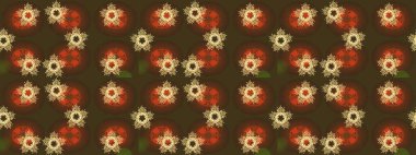 El çizimi çiçekli, pürüzsüz bir desen. Kahverengi arka planda. Tekstil, kumaş, ambalaj, hatıra defteri için hoş bir çiçek arkaplanı. Çocuksu tasarım.